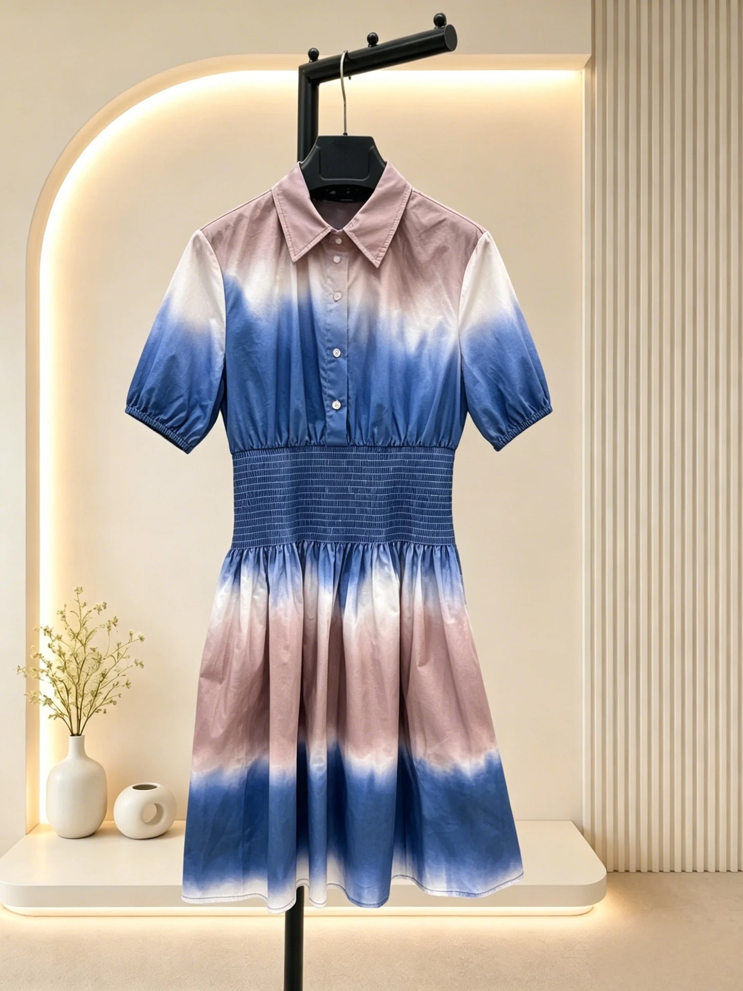 Women's Gradient Color Block Shirt Dress With Elastic High Waist