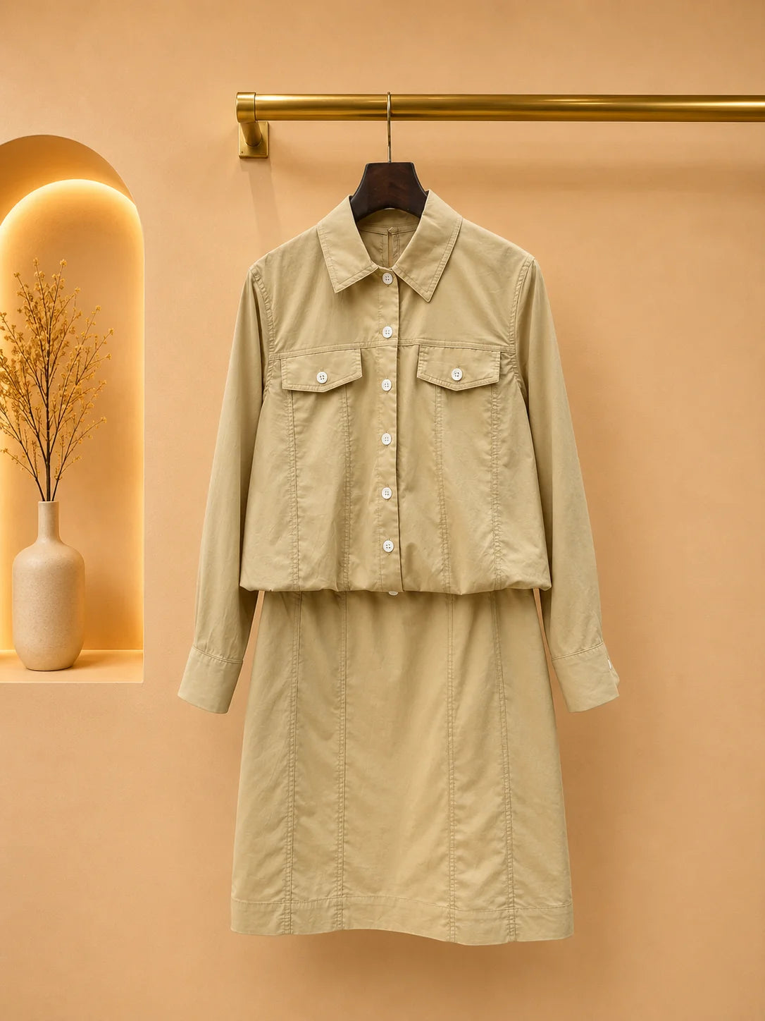Cotton Blend Shirt Dress Turn-Down Collar Buttons Slim Knee Length