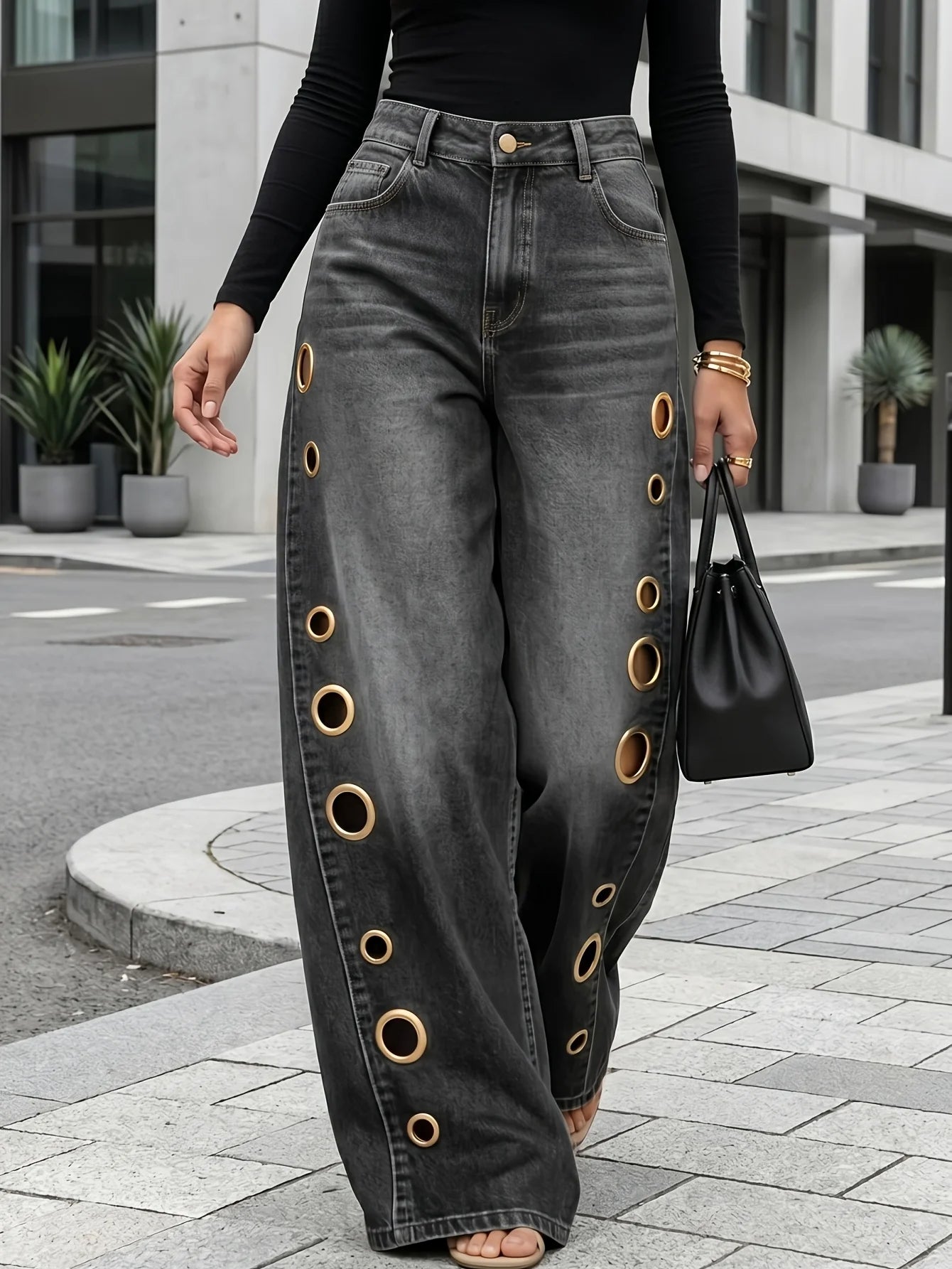 Retro Wide-Leg Jeans With Metallic Eyelets High-Waisted Denim