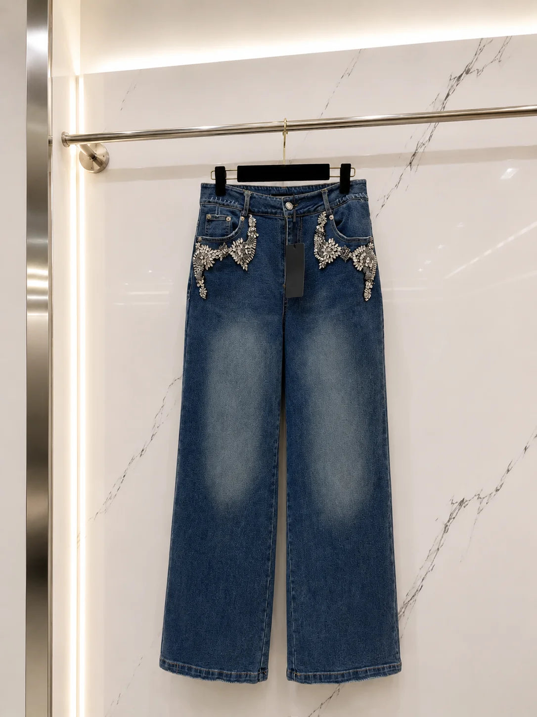 Women's High Waist Wide Leg Denim Jeans With Rhinestone Appliques