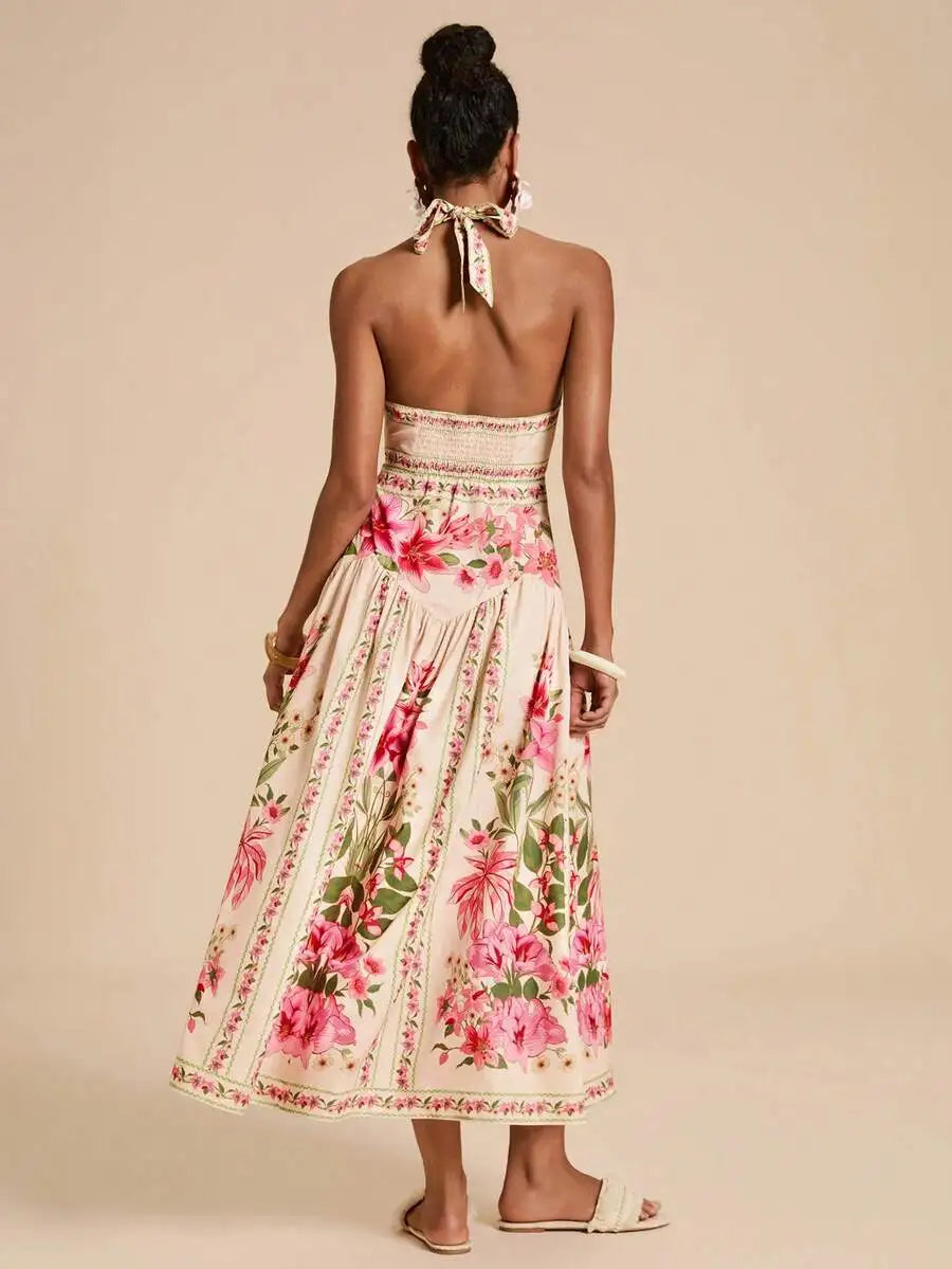 Elegant Floral Print Halter Backless Vacation Dress For Women
