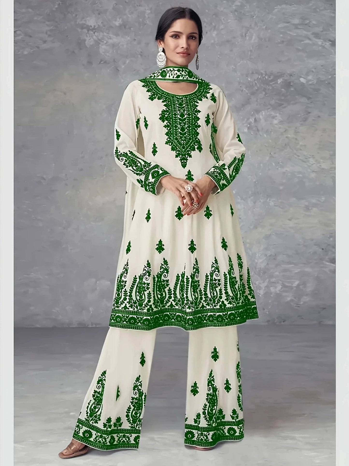 Women's Three Piece Set Ethnic Style Off White Black Printed
