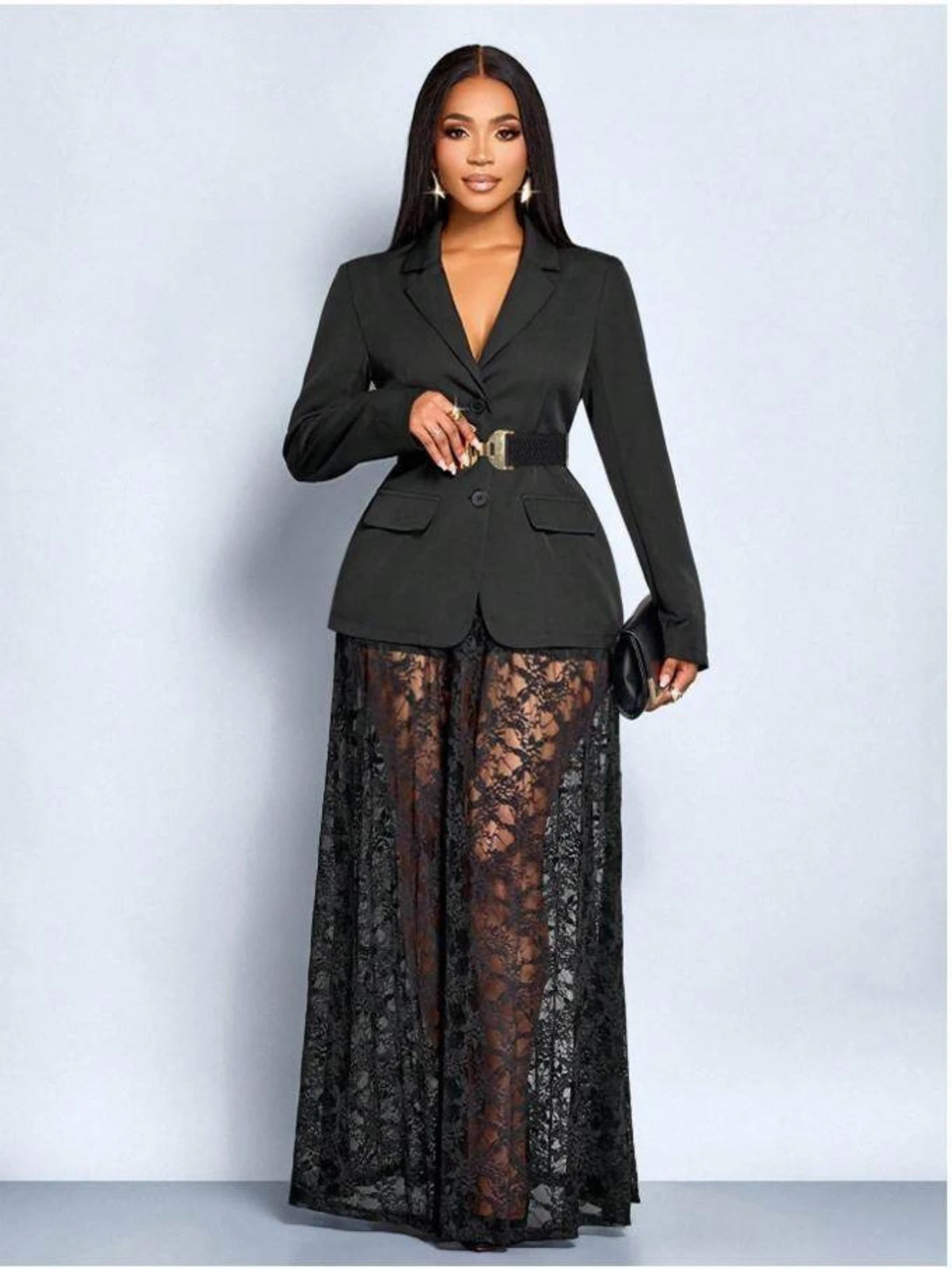 Women's Lapel Long Sleeve Blazer And Maxi Skirt Suit Set
