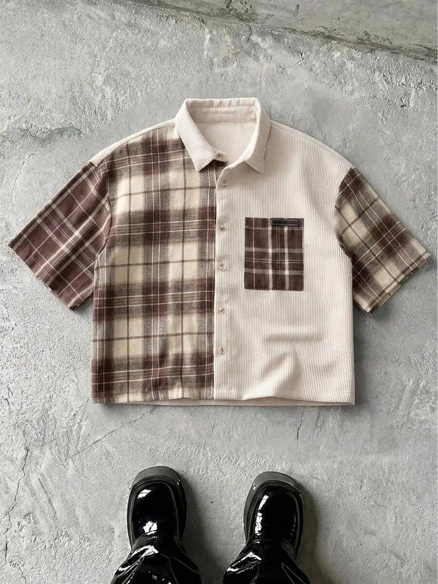 Men Patchwork Corduroy Short Sleeve Shirt Casual Daily Wear