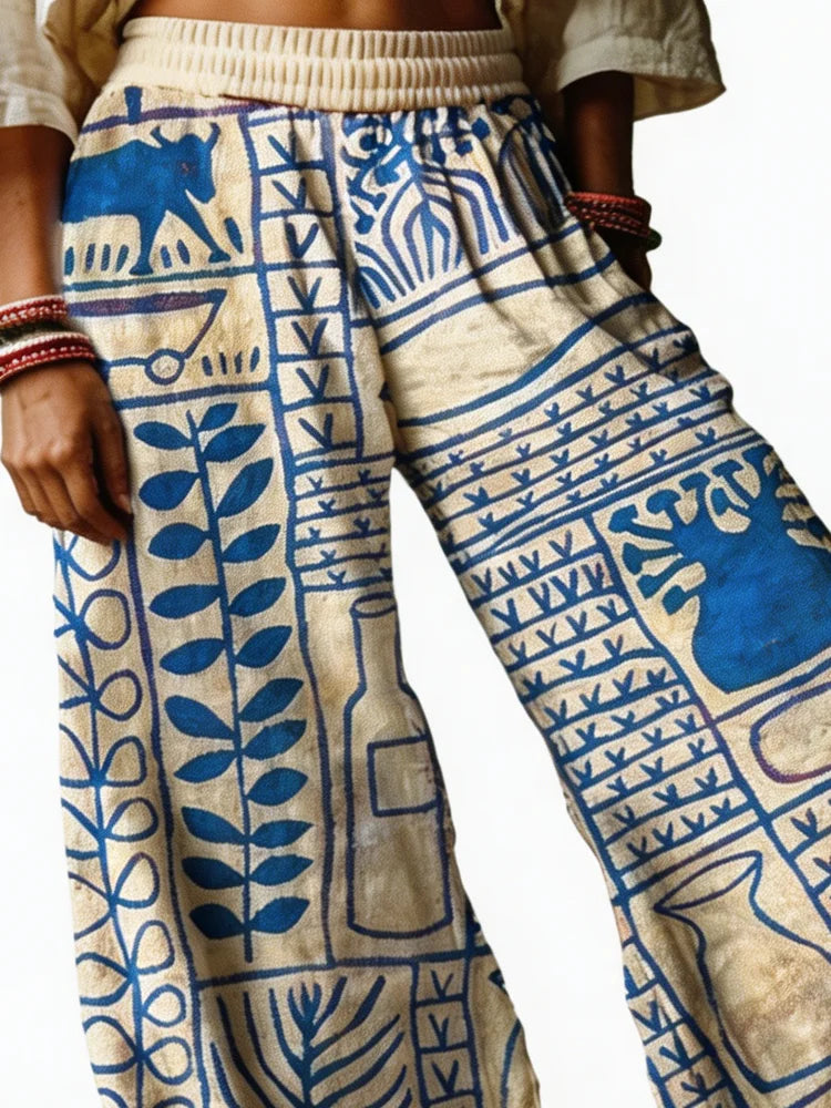 Women's Printed Wide-Leg Trousers High-Waist Bohemian Style