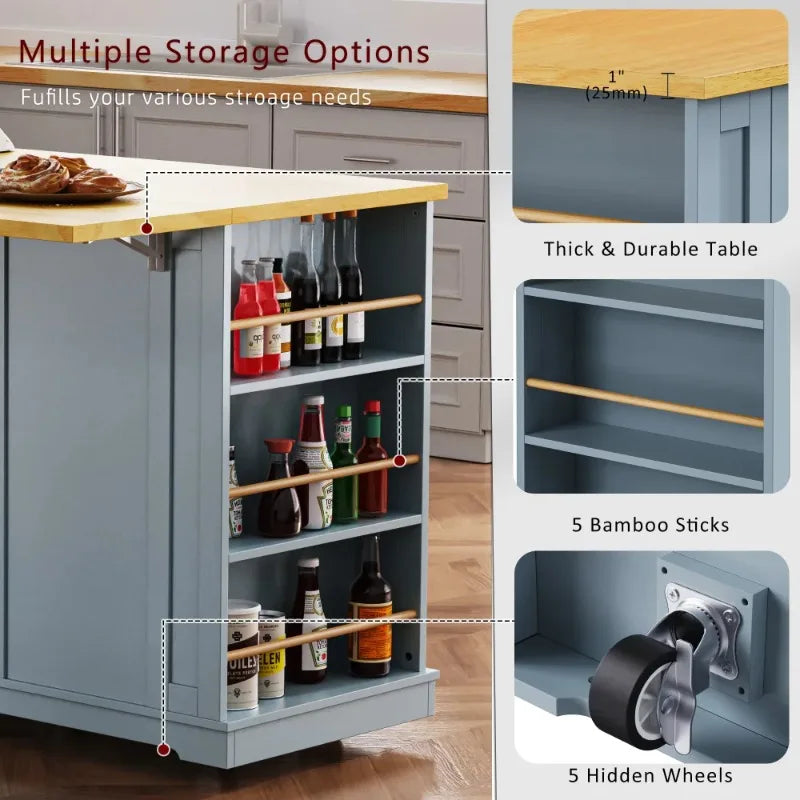 Mobile Kitchen Island With Folding Tabletop And Storage Shelves