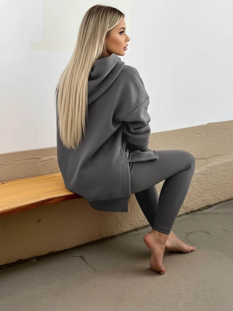 Womens Hooded Top and Leggings Matching Casual Activewear Set
