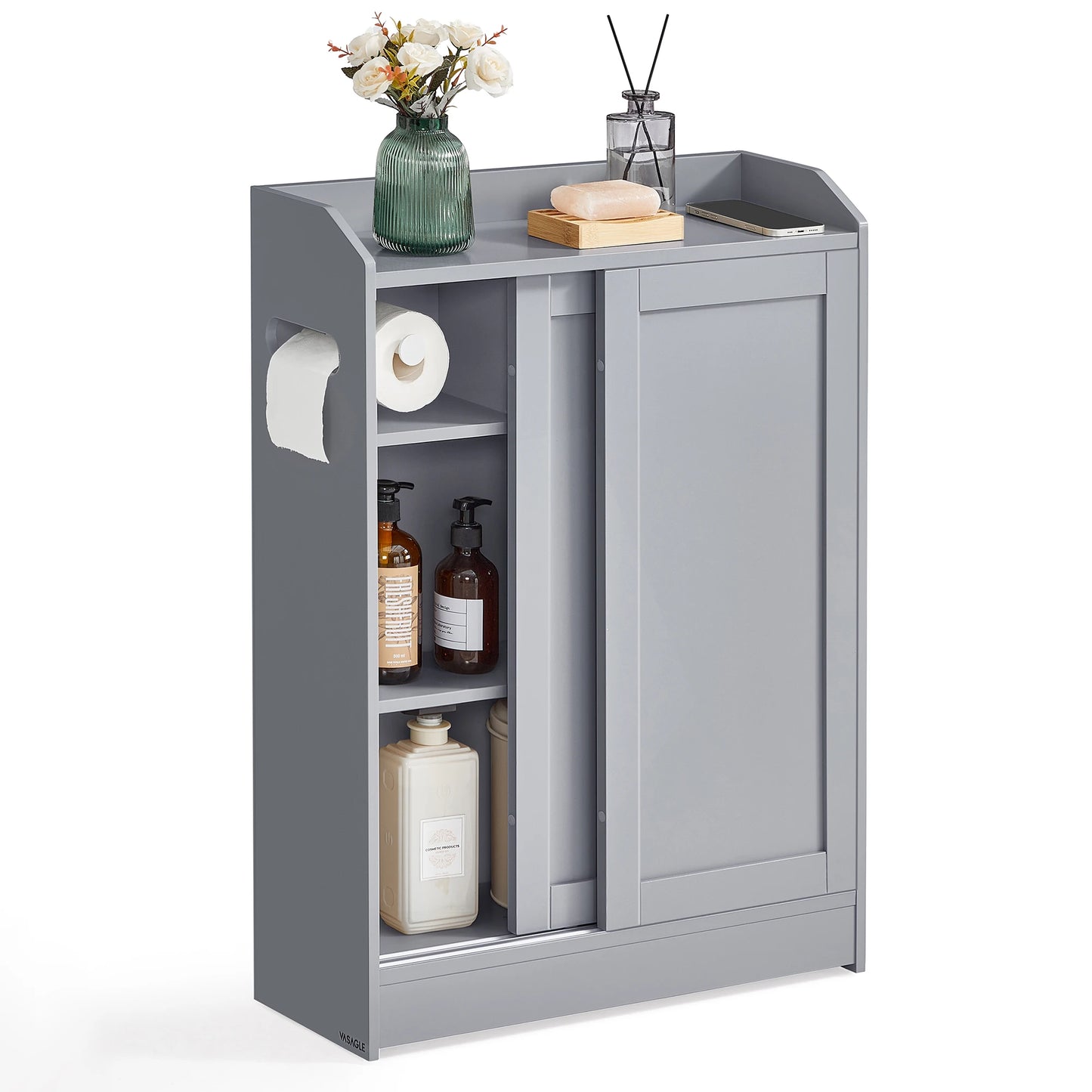 VASAGLE Narrow Storage Cabinet With Sliding Doors Toilet Paper Holder