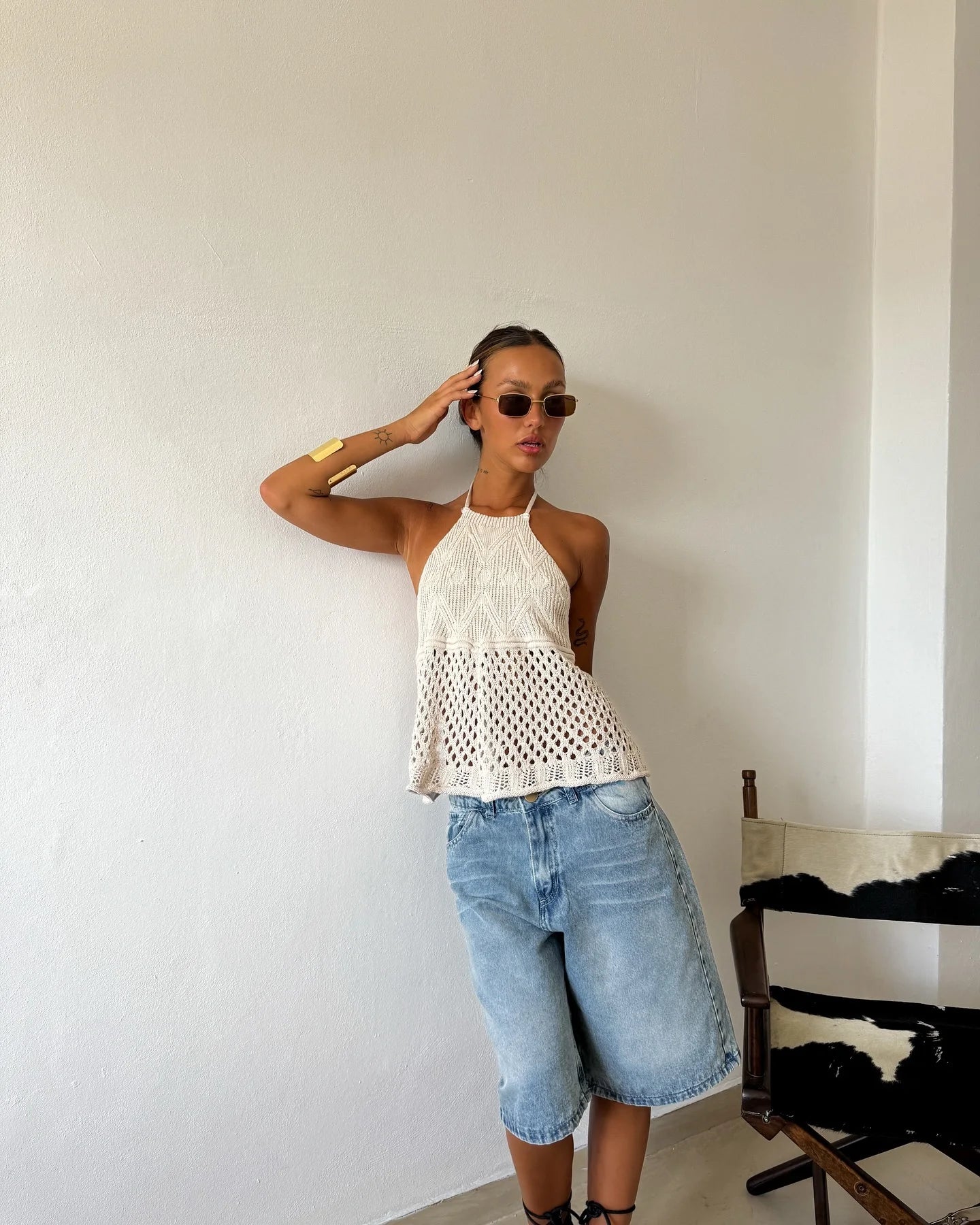 Women Bohemian Knitted Halter Top With Crochet Mesh Texture