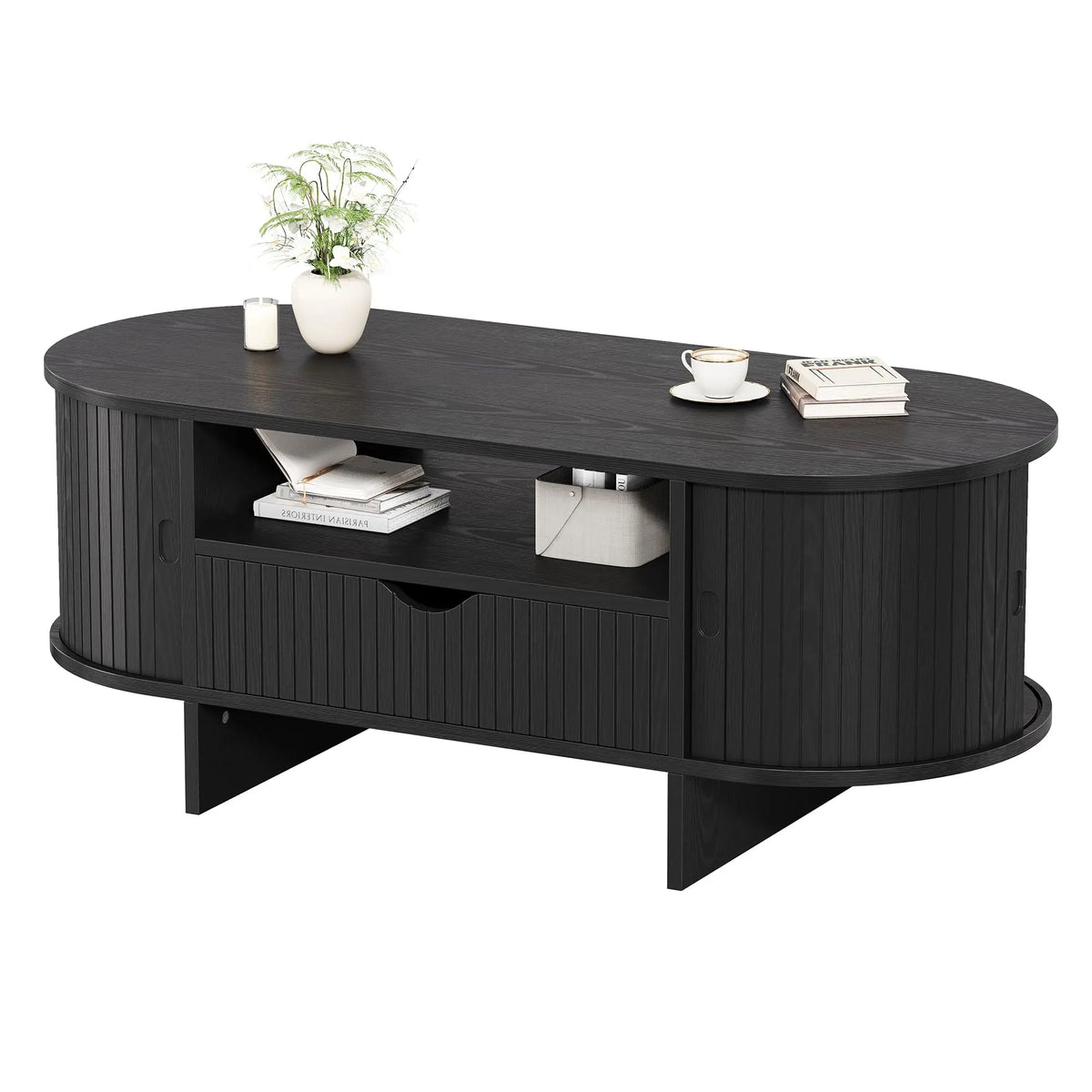 HiMISS Modern Oval Coffee Table With Drawer And Cabinet Storage
