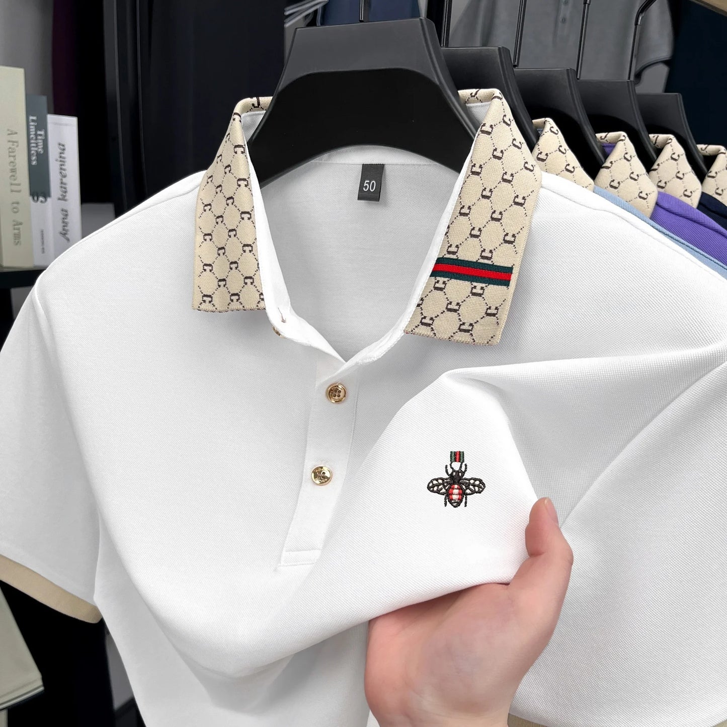 Men's High-End Lapel Polo Shirt With Letter Jacquard Bee Embroidery