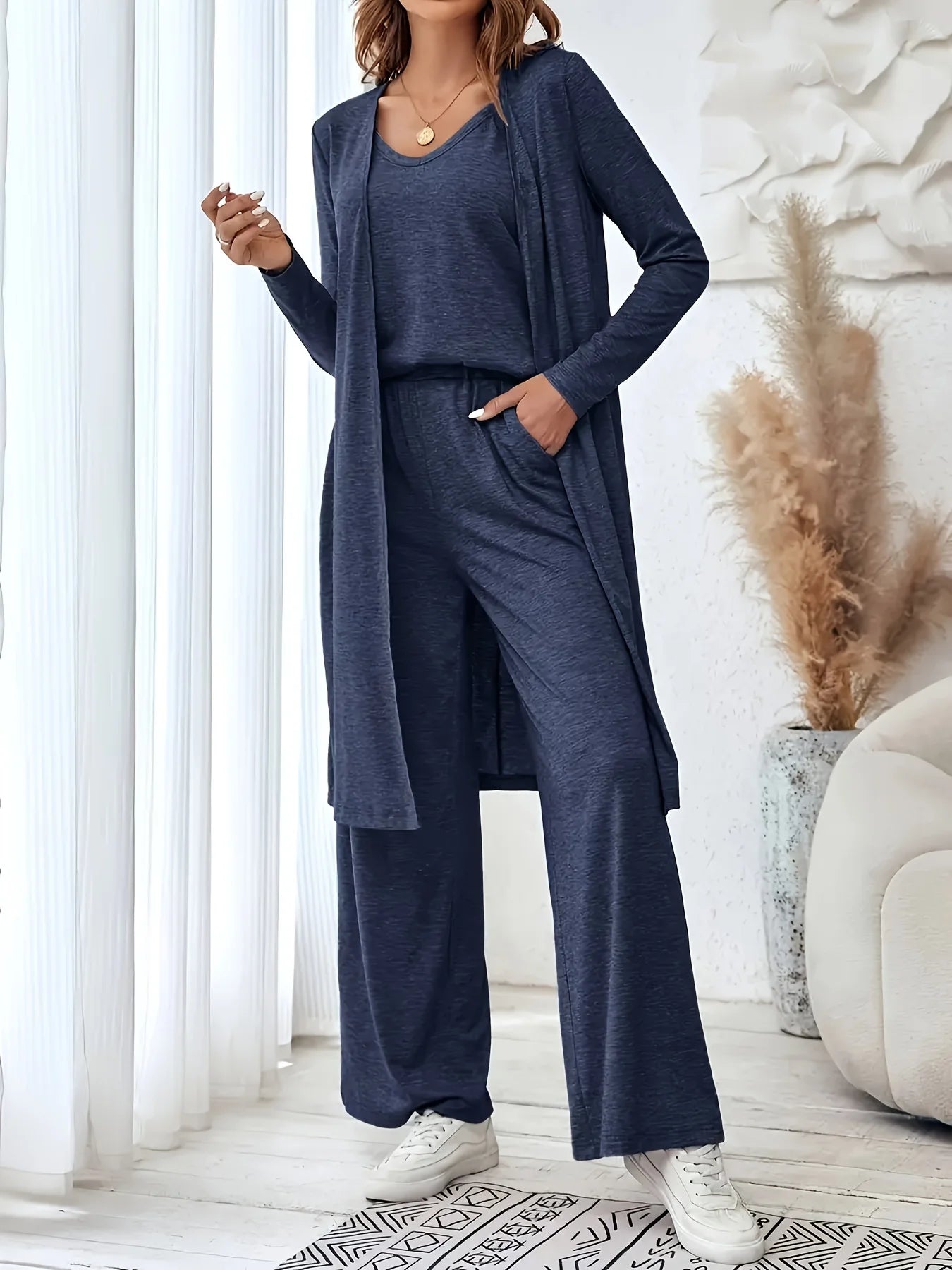 Women's Knit Three Piece Relaxed Loungewear Set With Pants