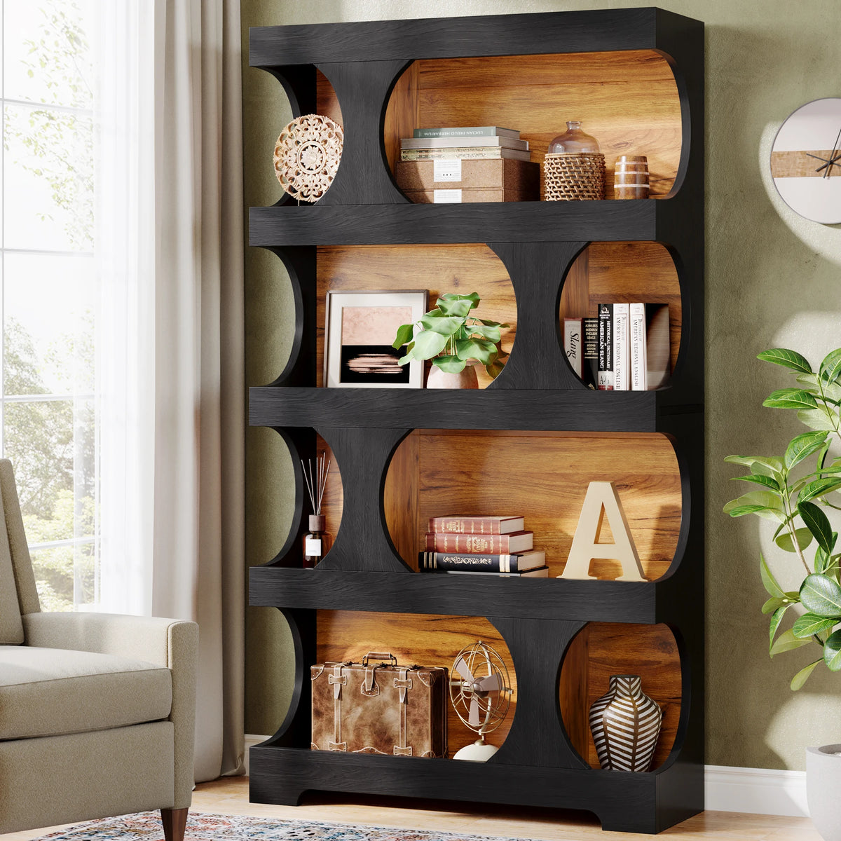 Tribesigns S-Shaped 4-Tier Wooden Bookcase Display Storage Shelves