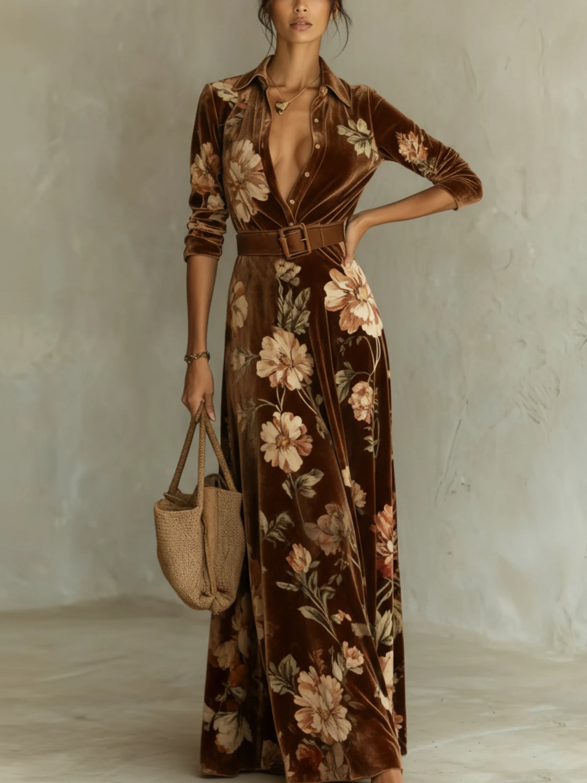 Womens Floral Print Lapel Collar Long Sleeve Maxi Dress