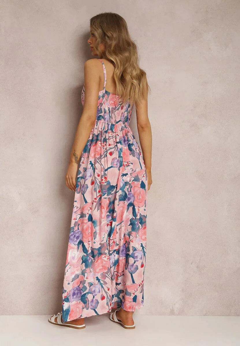 Women Watercolor Floral Maxi Dress V Neck Summer Beach Sundress