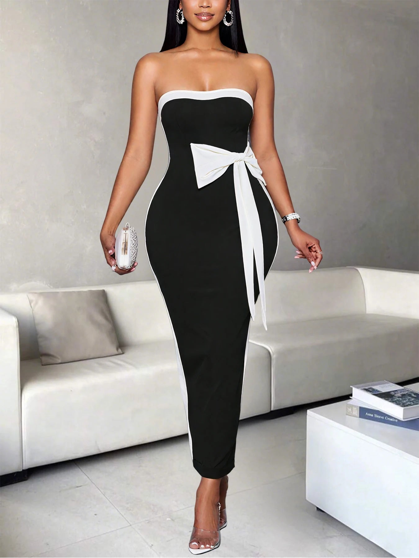 Women One Shoulder Color Block Knot Design Ankle Length Polyester Dress