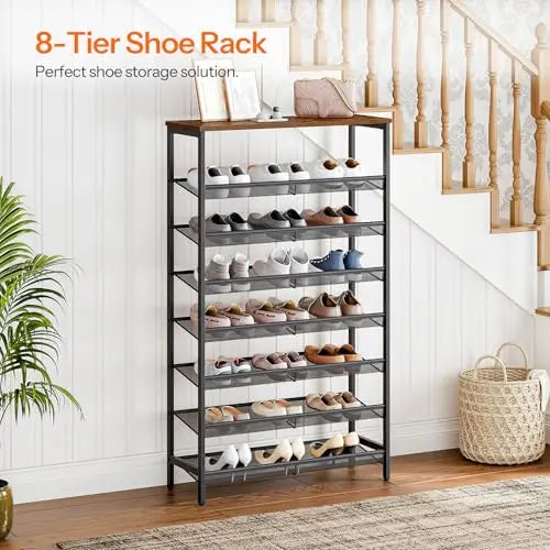Metal 8 Tier Shoe Organizer With Rustic Wood Top SpaceEfficient