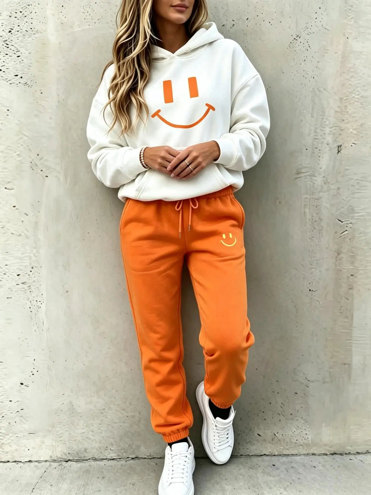 Women Smile Face Print Hooded Two Piece Casual Tracksuit Set