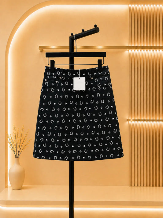 Women High Rise Geometric Denim Mini Skirt With Zipper Closure