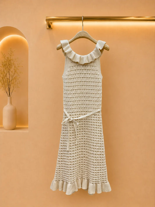 Women's Openwork Knit Sleeveless Midi Dress With Ruffle Self Tie Waist