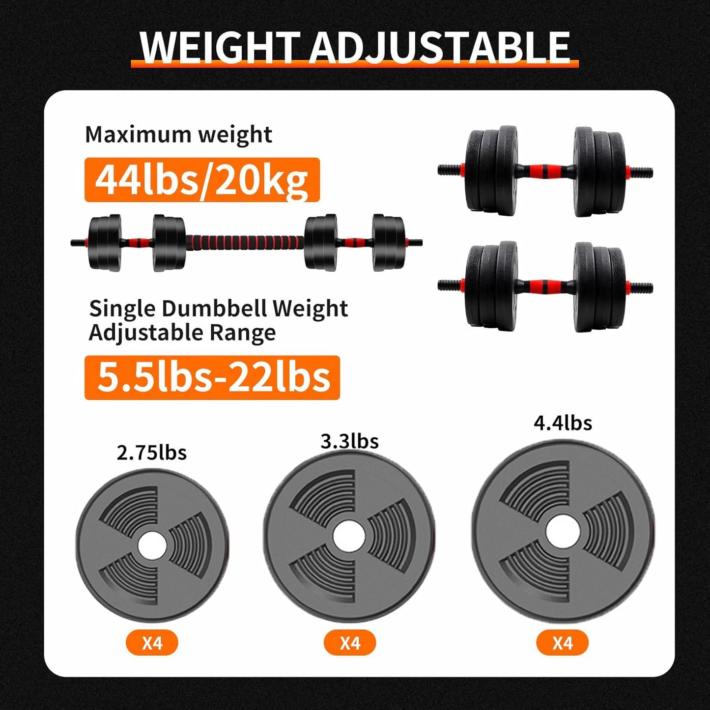 Adjustable 5 To 44lbs Dumbbell Barbell Set With Anti-Slip Grip