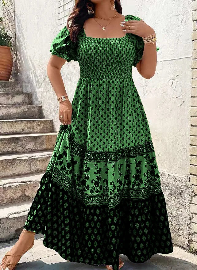Bohemian Smocked Short Sleeve Floral Dress Women Knee Length Sundress