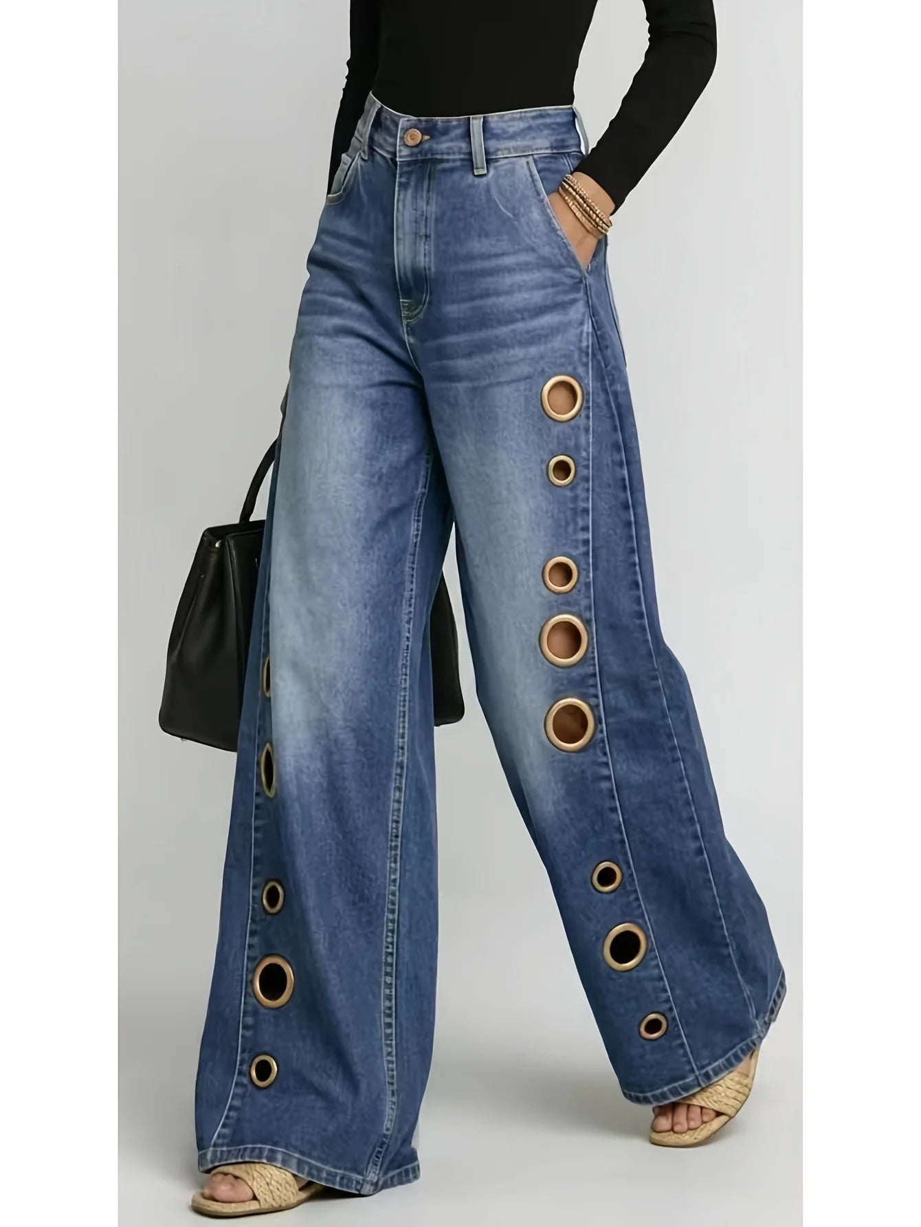 Retro Wide-Leg Jeans With Metallic Eyelets High-Waisted Denim