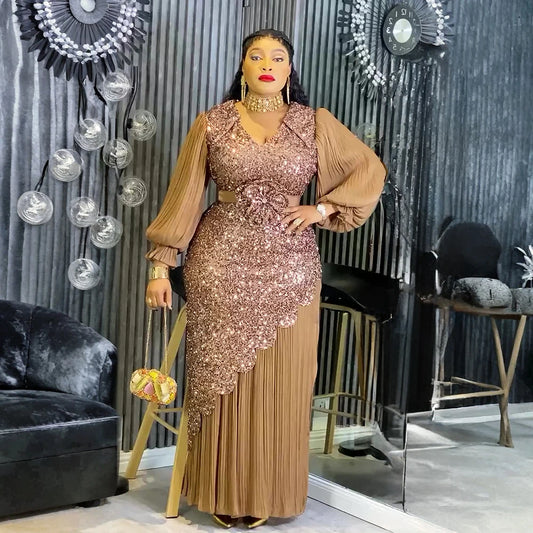 HD CN African Sequin Dress for Women Party Wedding Robe