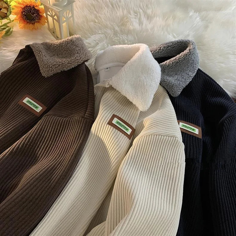 Corduroy Polo Collar Sweater Thickened Lambwool Pullover Casual Winter Wear
