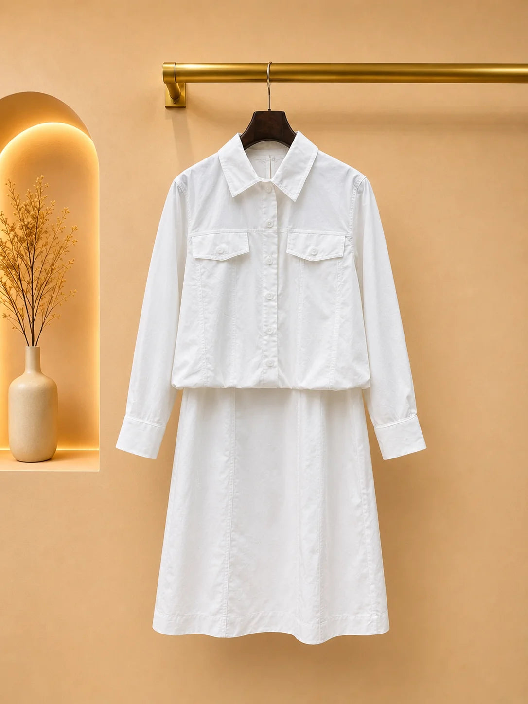 Cotton Blend Shirt Dress Turn-Down Collar Buttons Slim Knee Length