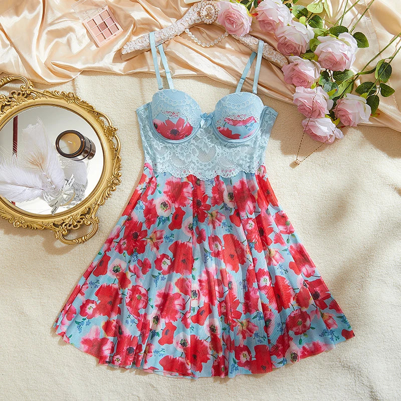 Floral Lace Babydoll Nightgown And Thong Set For Women