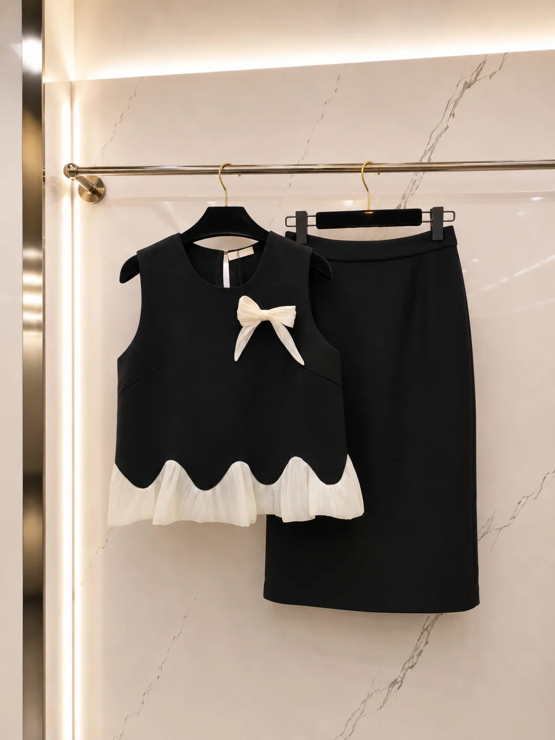 Women's Summer Two Piece Set Sleeveless Bow Decor Scalloped Midi