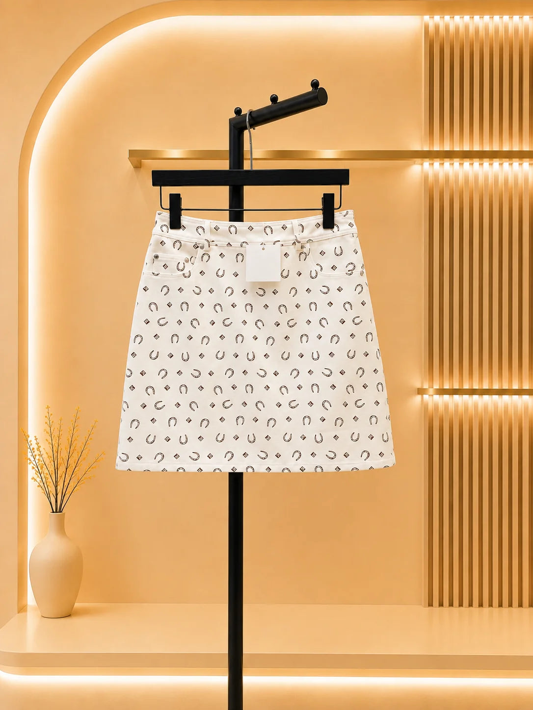 Women High Rise Geometric Denim Mini Skirt With Zipper Closure