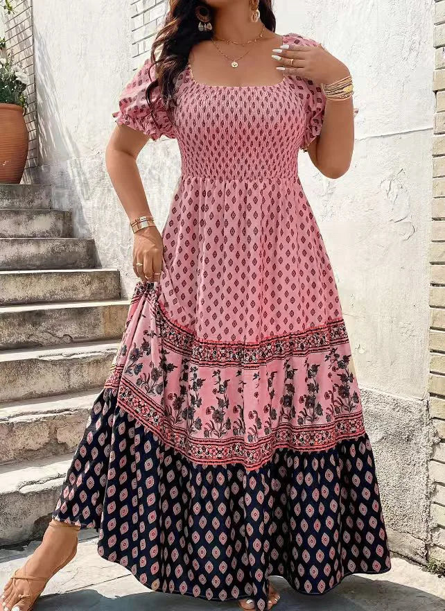 Bohemian Smocked Short Sleeve Floral Dress Women Knee Length Sundress