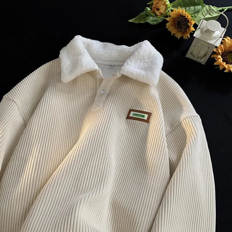 Corduroy Polo Collar Sweater Thickened Lambwool Pullover Casual Winter Wear