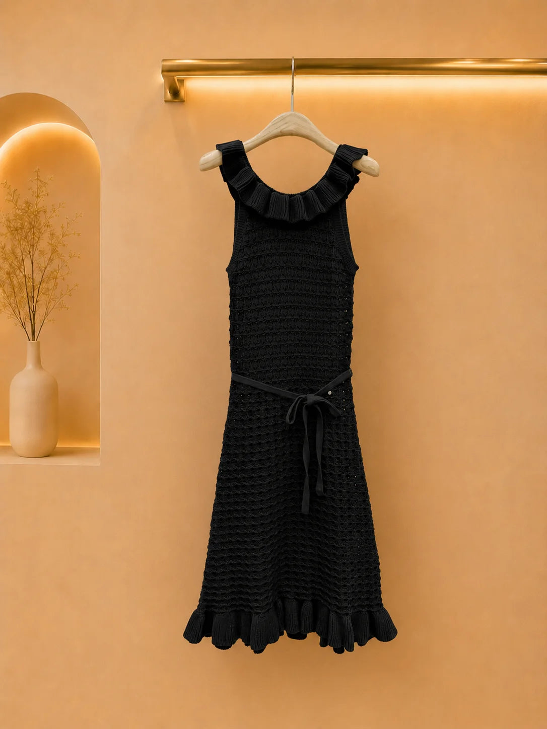 Women's Openwork Knit Sleeveless Midi Dress With Ruffle Self Tie Waist