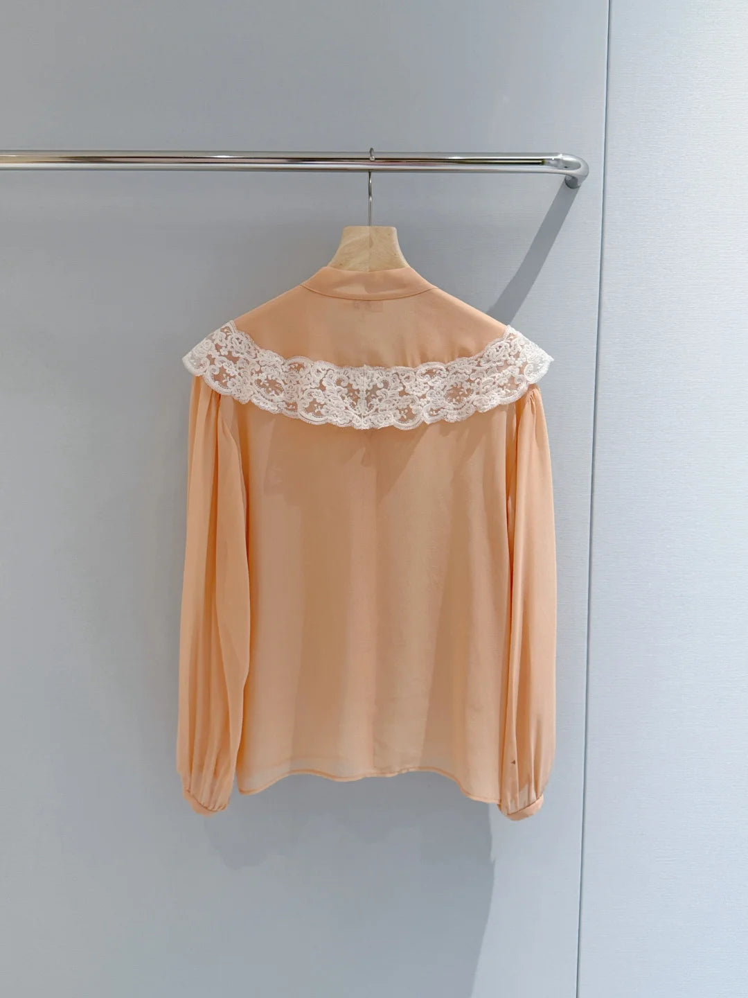Women's Soft Orange Chiffon Lace Trim Bow Tie Blouse