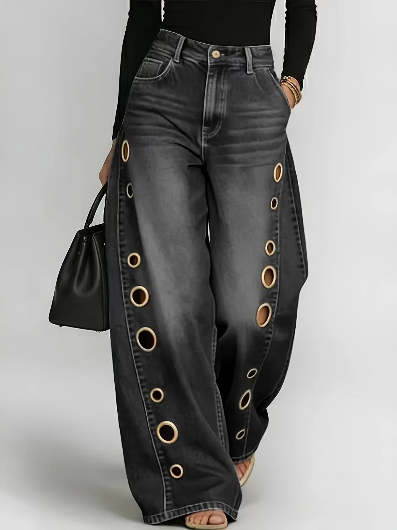 Retro Wide-Leg Jeans With Metallic Eyelets High-Waisted Denim