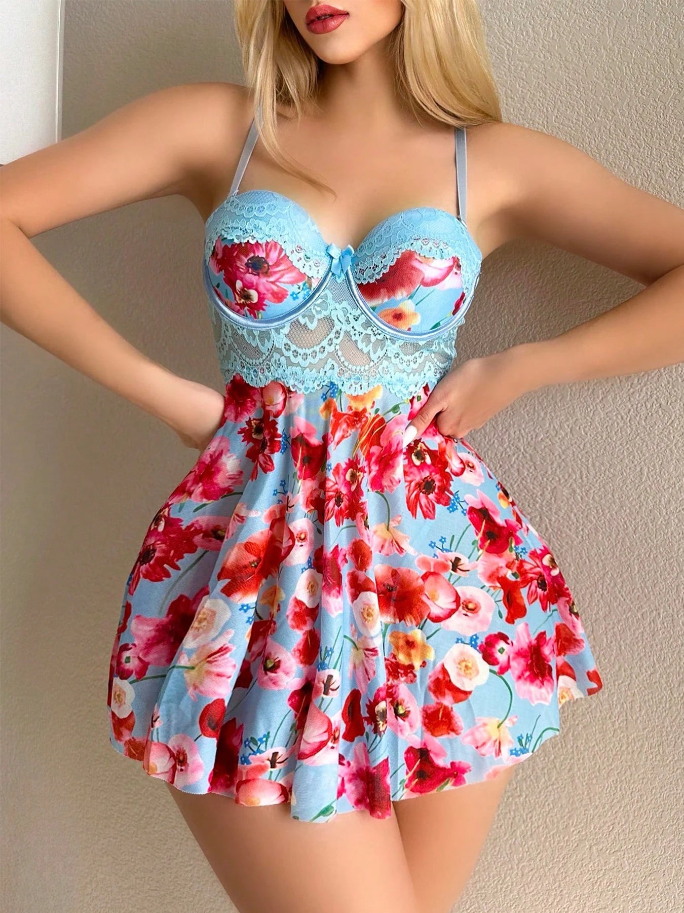 Floral Lace Babydoll Nightgown And Thong Set For Women