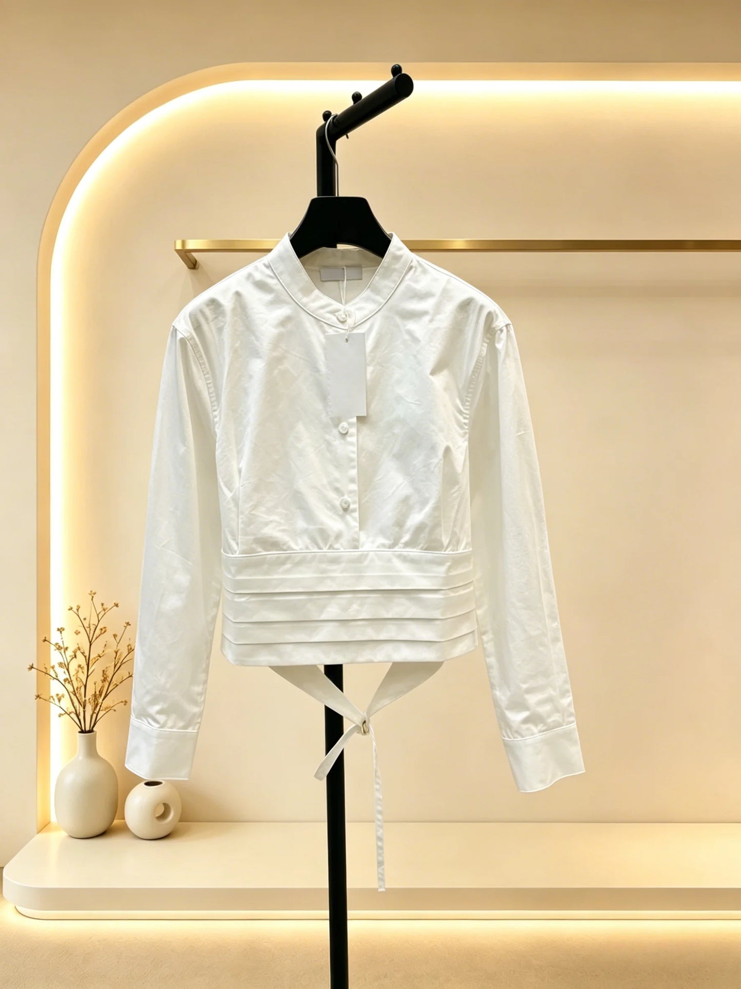 Womens Pure Cotton Mandarin Collar Long Sleeve Classic Blouse