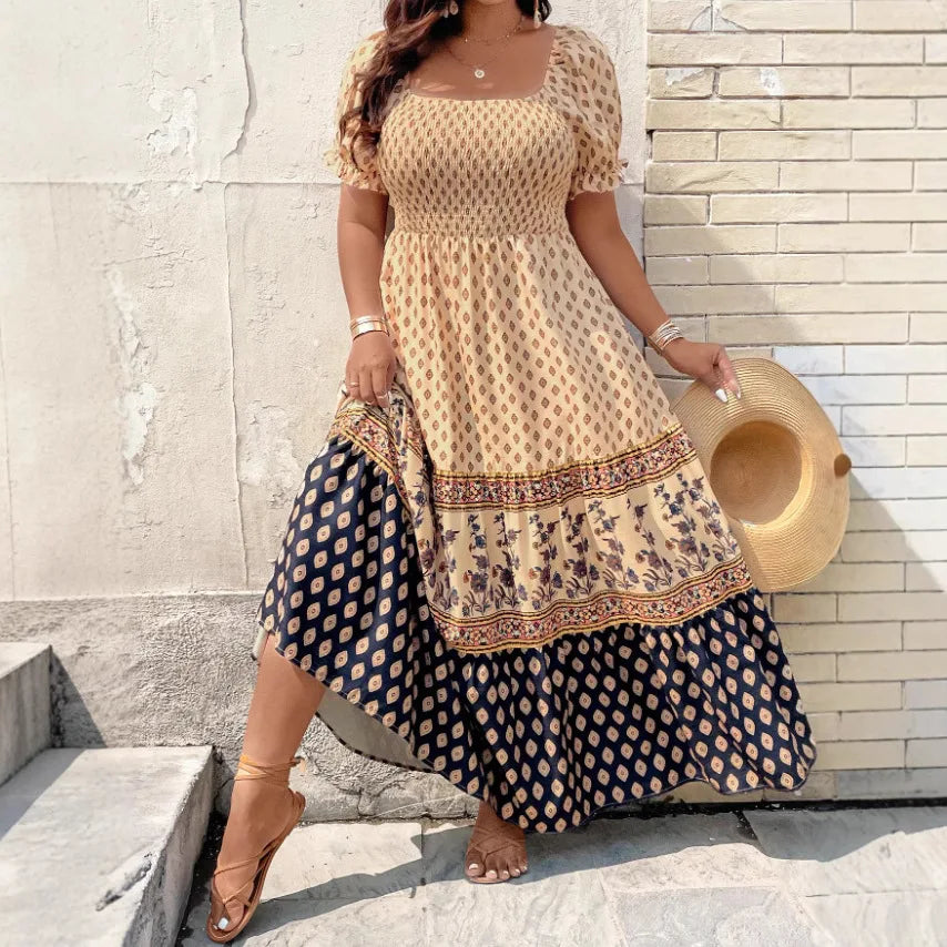 Bohemian Smocked Short Sleeve Floral Dress Women Knee Length Sundress