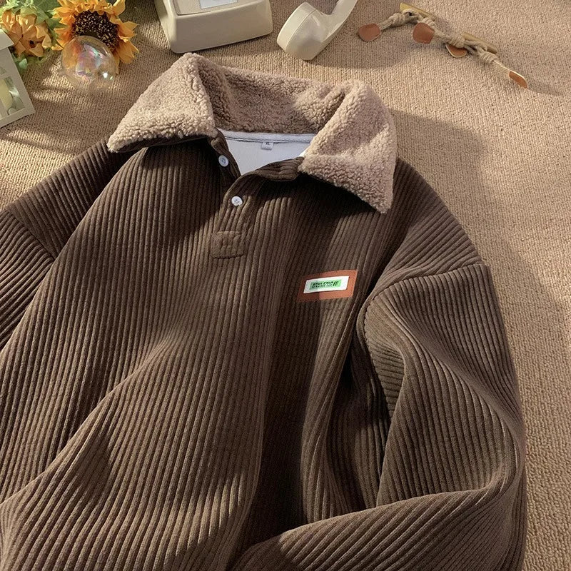 Corduroy Polo Collar Sweater Thickened Lambwool Pullover Casual Winter Wear