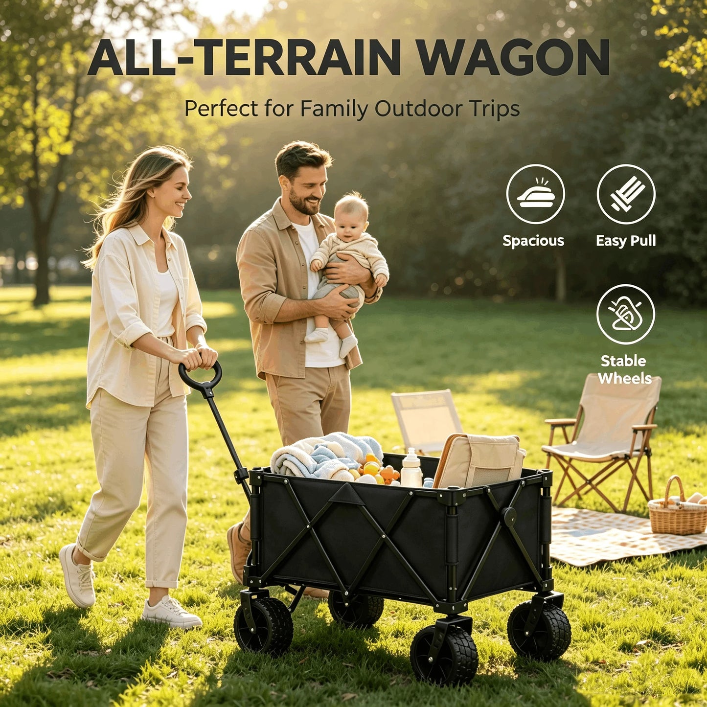 Foldable Camping Wagon With All Terrain Wheels For Family Trips