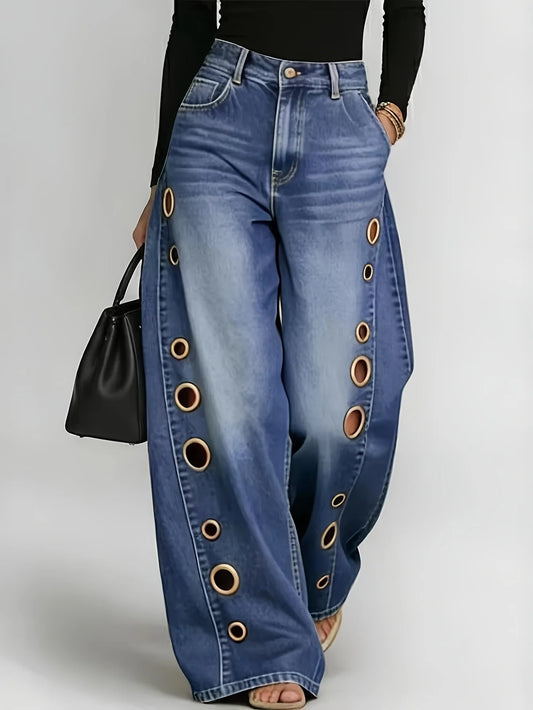 Retro Wide-Leg Jeans With Metallic Eyelets High-Waisted Denim
