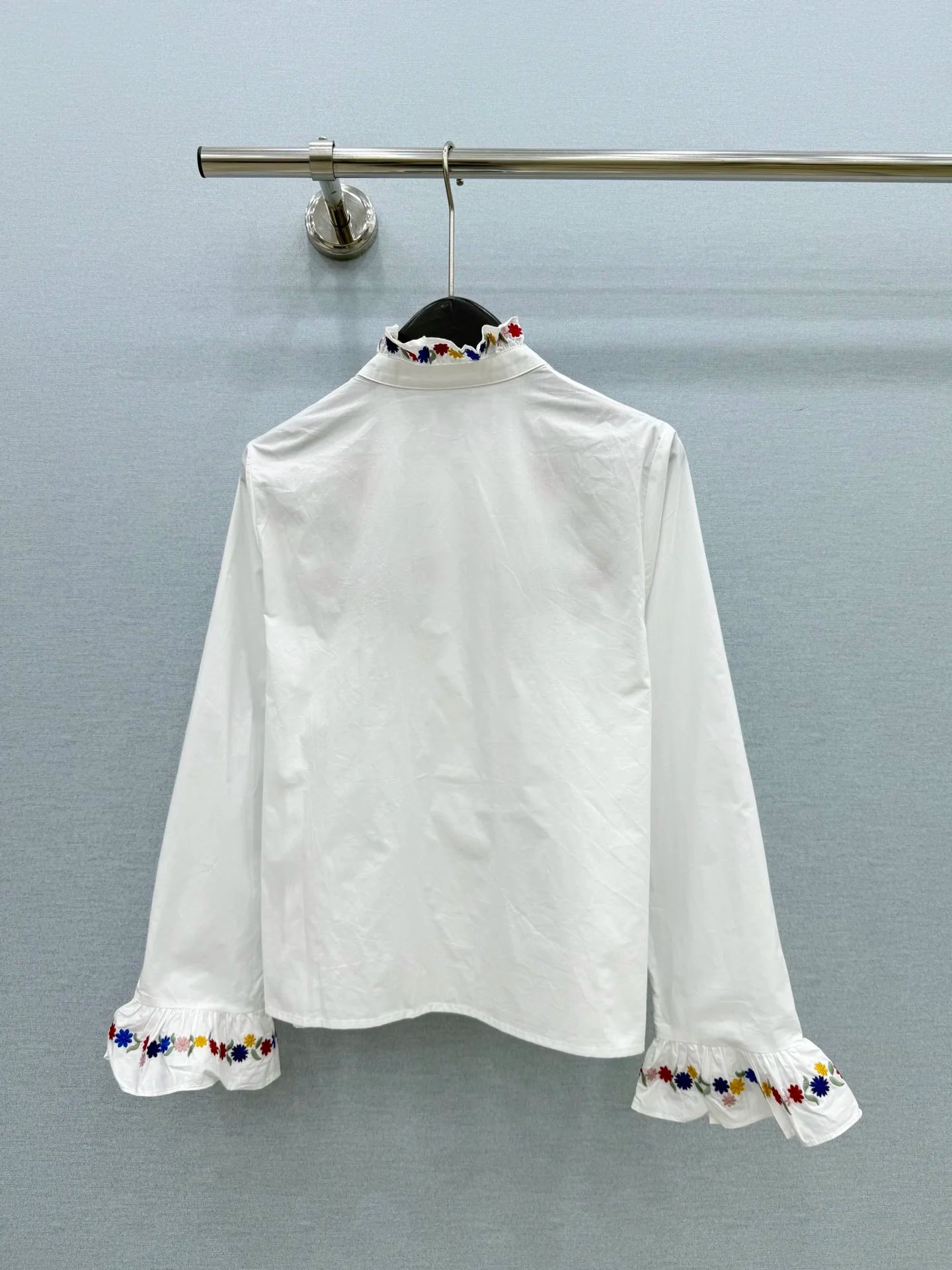 Floral Embroidery Ruffle Collar Cotton Blouse