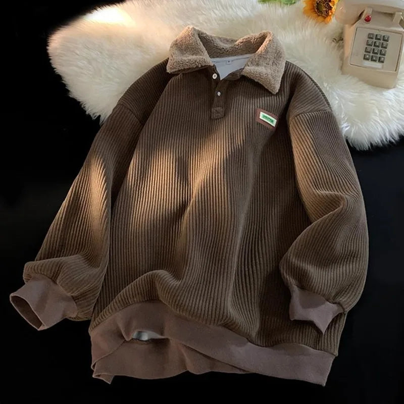 Corduroy Polo Collar Sweater Thickened Lambwool Pullover Casual Winter Wear