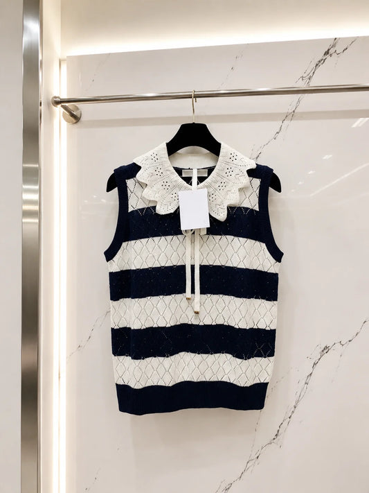 Women Sleeveless Knit Sweater With Eyelet Ruffle Lapel Detail