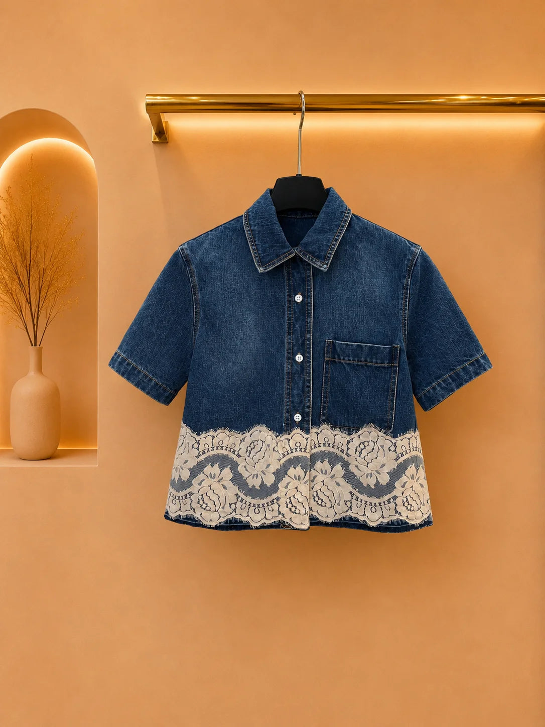 Women Cotton Denim Cropped Blouse With Lace Trim