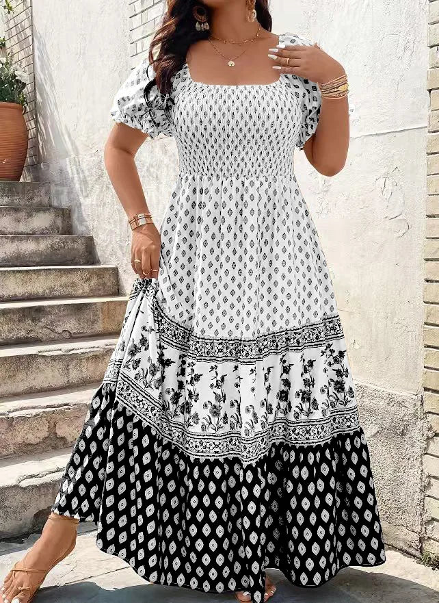 Bohemian Smocked Short Sleeve Floral Dress Women Knee Length Sundress