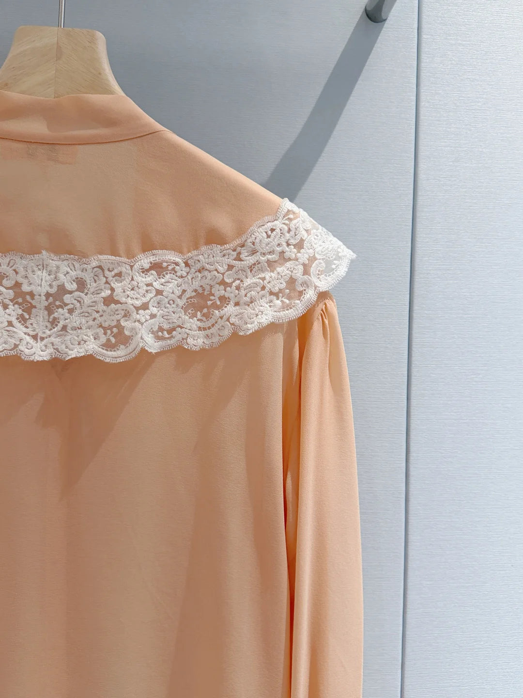 Women's Soft Orange Chiffon Lace Trim Bow Tie Blouse